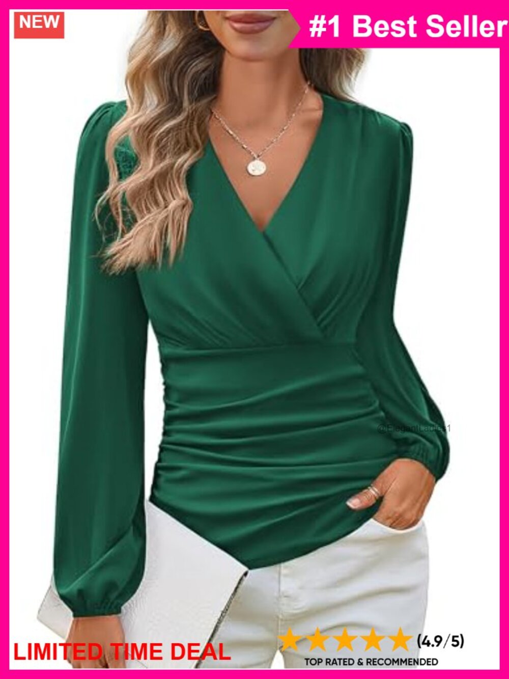 GRACE KARIN Womens Long Sleeve V-Neck Wrap Blouse Ruched Tummy Control Top